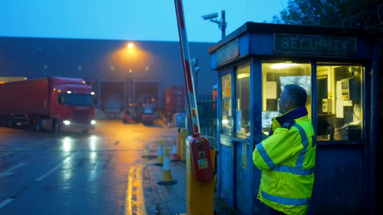Guards 247 security officer at a secured warehouse gatehouse