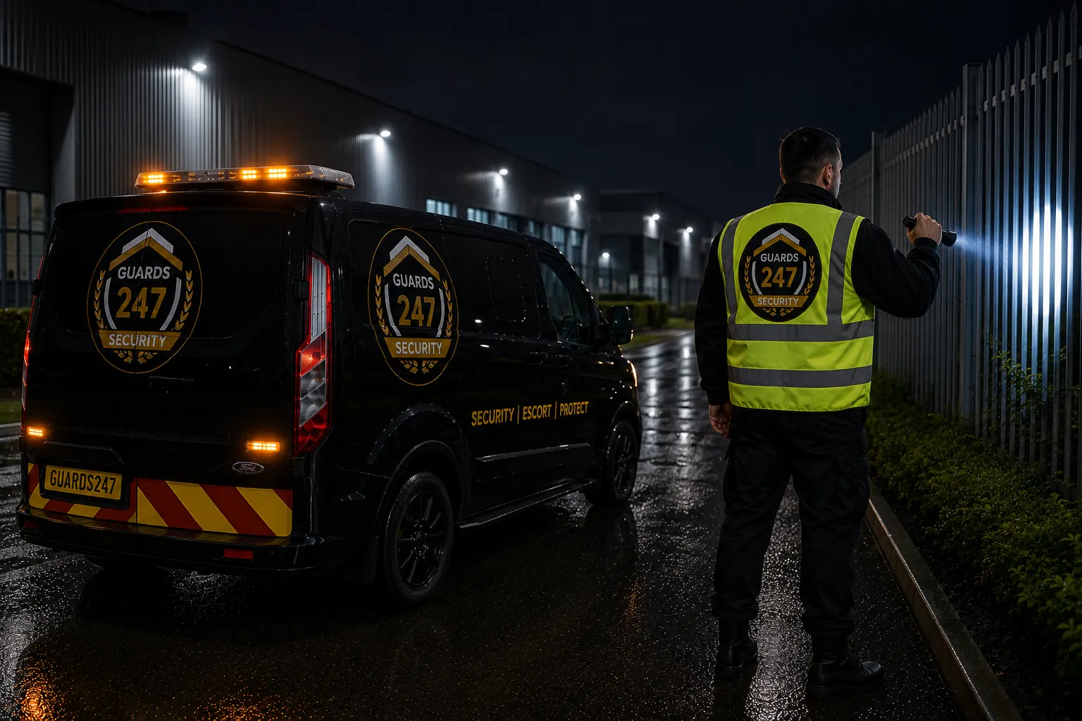 Guards 247 branded mobile patrol vehicle and officer